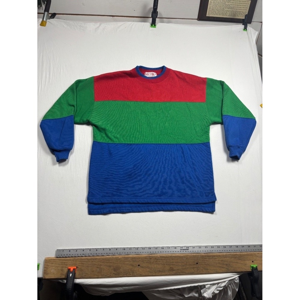 Vintage METRO SPORT Men's Color Block Knit Crewneck Sweater Medium Retro